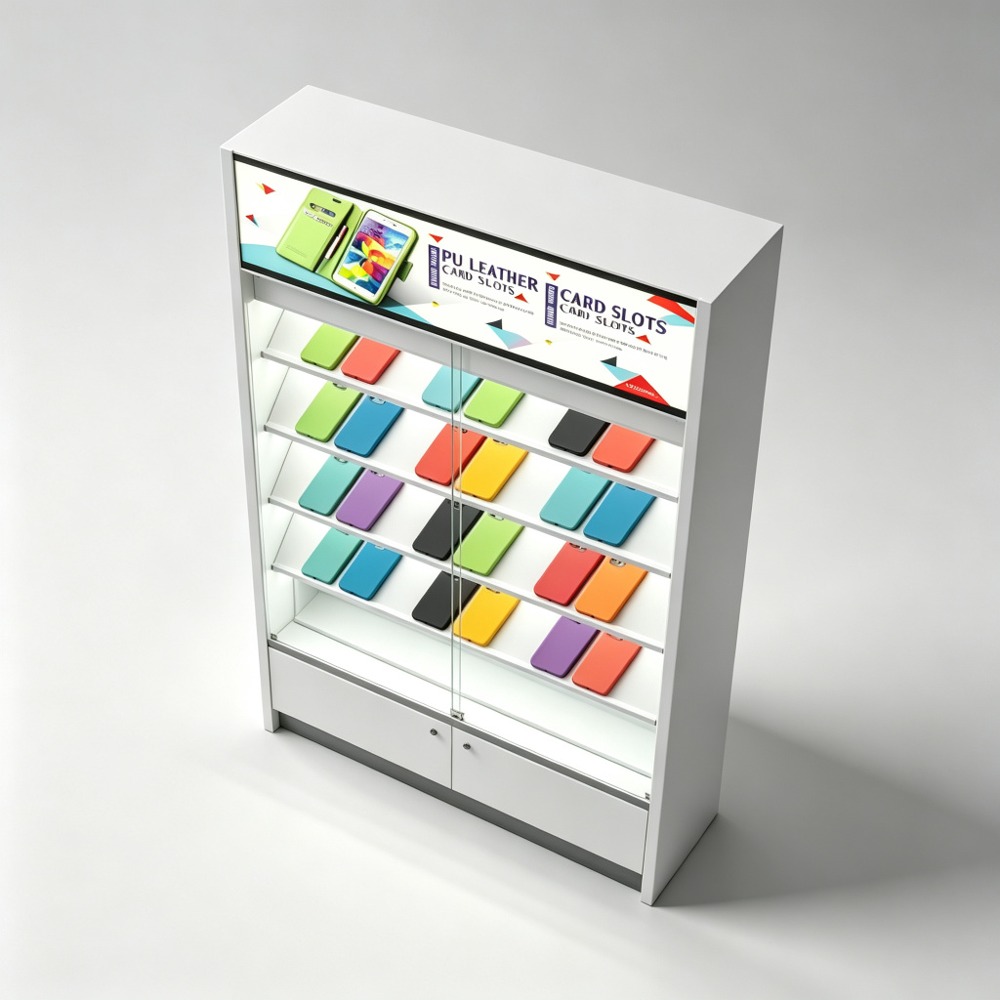 White Modular Phone Accessory Display Cabinet with Glass Doors and Lightbox top-down view