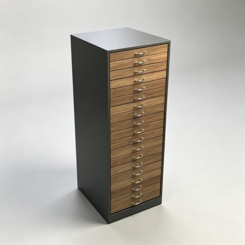 Walnut Multi-Drawer Eyewear Storage Cabinet with Charcoal Frame front three-quarter view