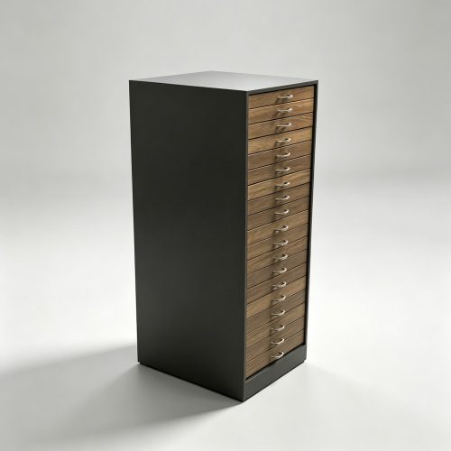 Walnut Multi-Drawer Eyewear Storage Cabinet with Charcoal Frame side view
