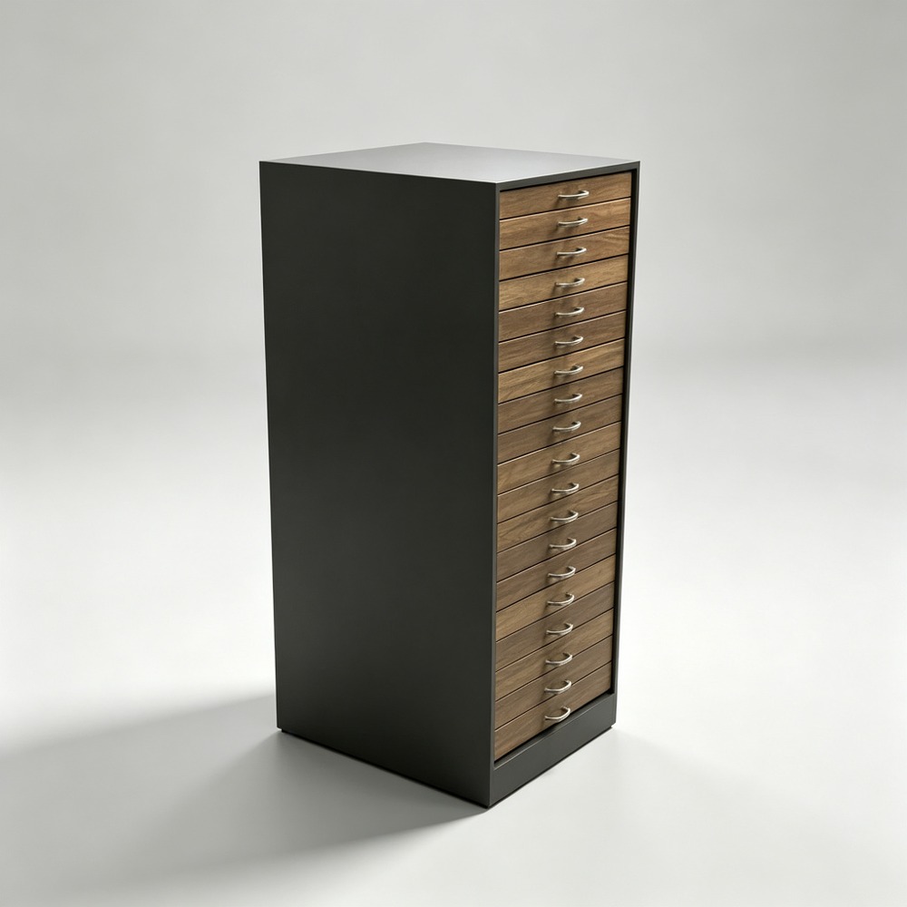 Walnut Multi-Drawer Eyewear Storage Cabinet with Charcoal Frame side view