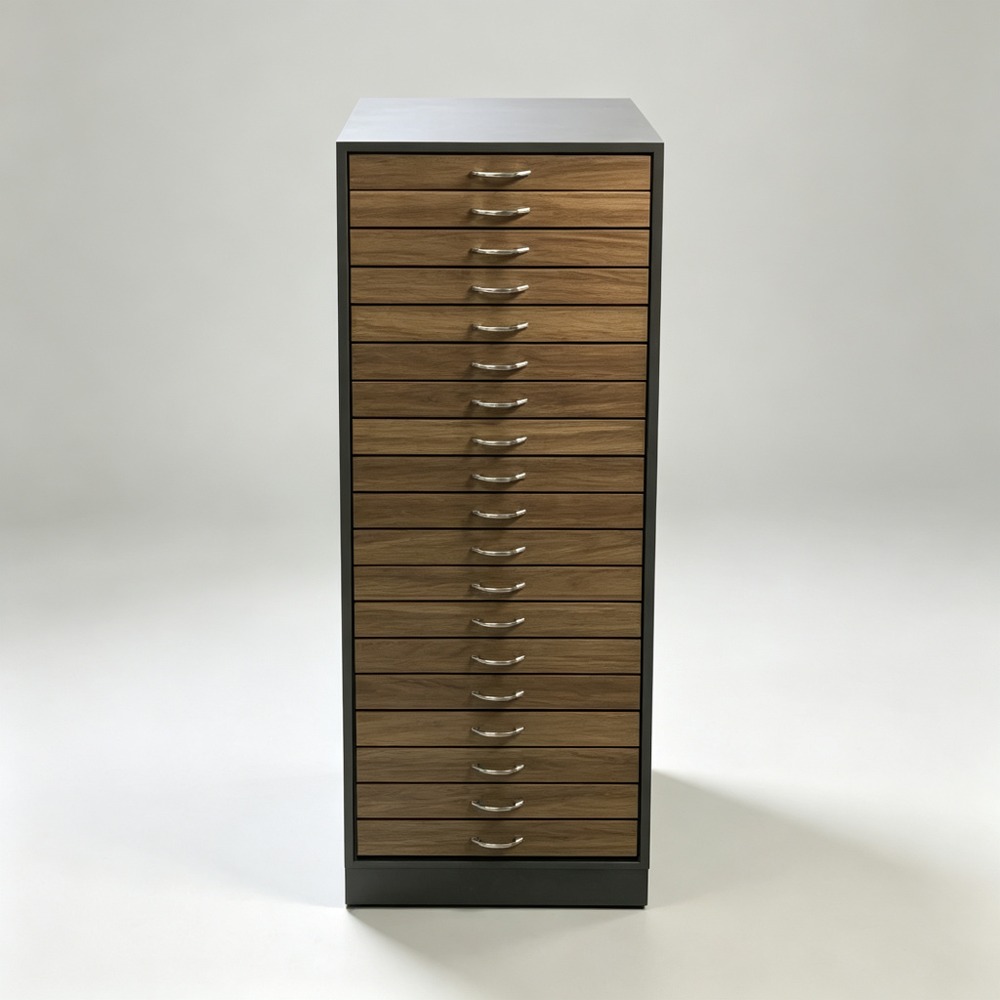 Walnut Multi-Drawer Eyewear Storage Cabinet with Charcoal Frame straight front view