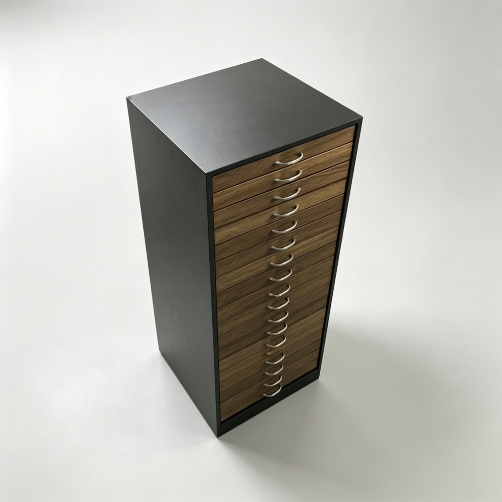 Walnut Multi-Drawer Eyewear Storage Cabinet with Charcoal Frame high angle view