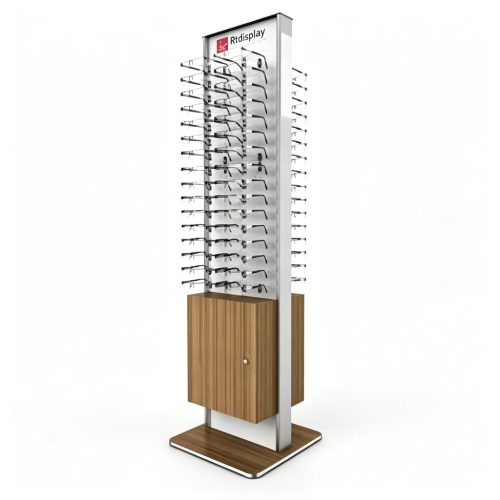 Wood cabinet eyewear display front view