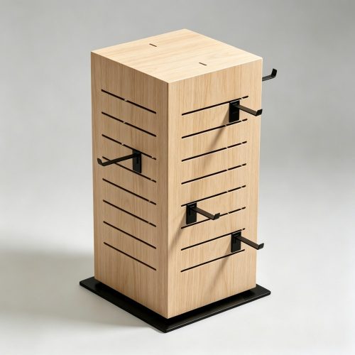 Light Wood Grain Cube Slatwall Rotating Countertop Display Tower with Black Hooks front three-quarter view