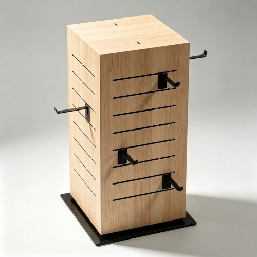 Light Wood Grain Cube Slatwall Rotating Countertop Display Tower with Black Hooks side view