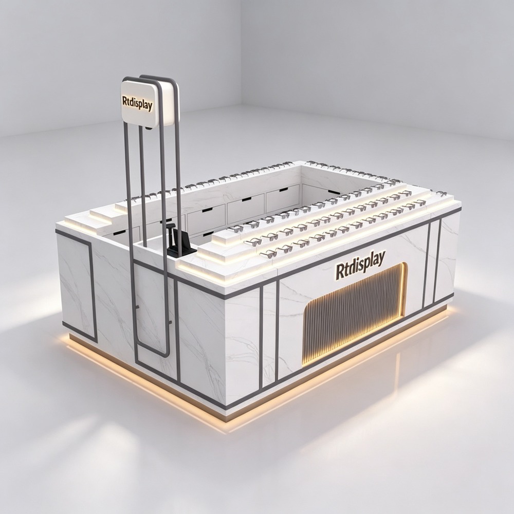 White Marble U-Shaped Sunglasses Kiosk with Tiered Display and LED Lighting front three-quarter view