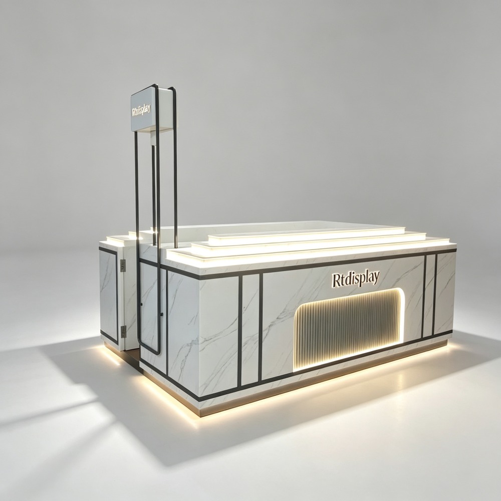 White Marble U-Shaped Sunglasses Kiosk with Tiered Display and LED Lighting real product view