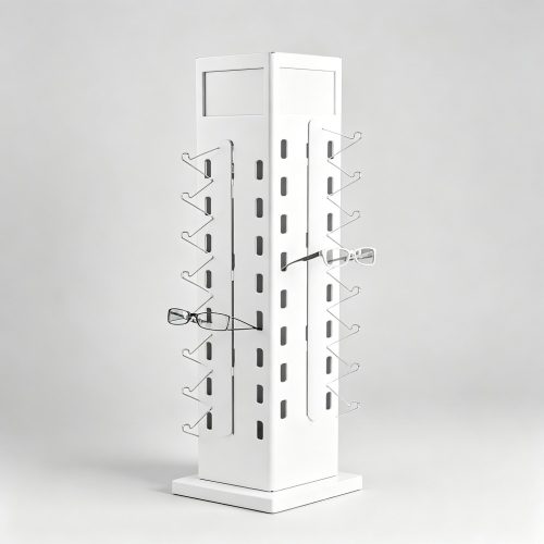 White Metal Four-Sided Rotating Countertop Eyewear Tower with Slots front three-quarter view