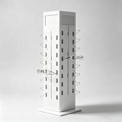White Metal Four-Sided Rotating Countertop Eyewear Tower with Slots side view