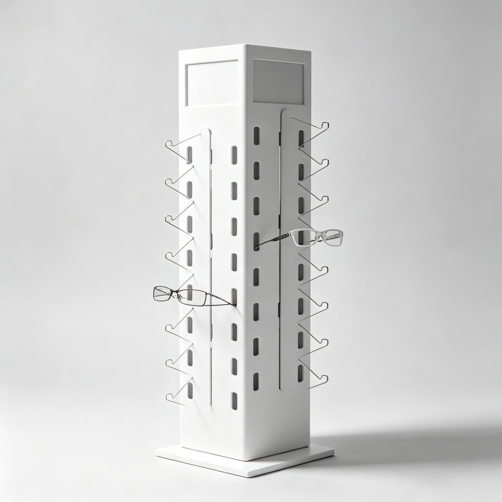 White Metal Four-Sided Rotating Countertop Eyewear Tower with Slots side view