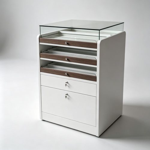 White Optical Storage Cabinet with Glass Display Top and Lockable Drawers front three-quarter view