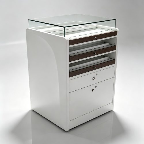 White Optical Storage Cabinet with Glass Display Top and Lockable Drawers side view