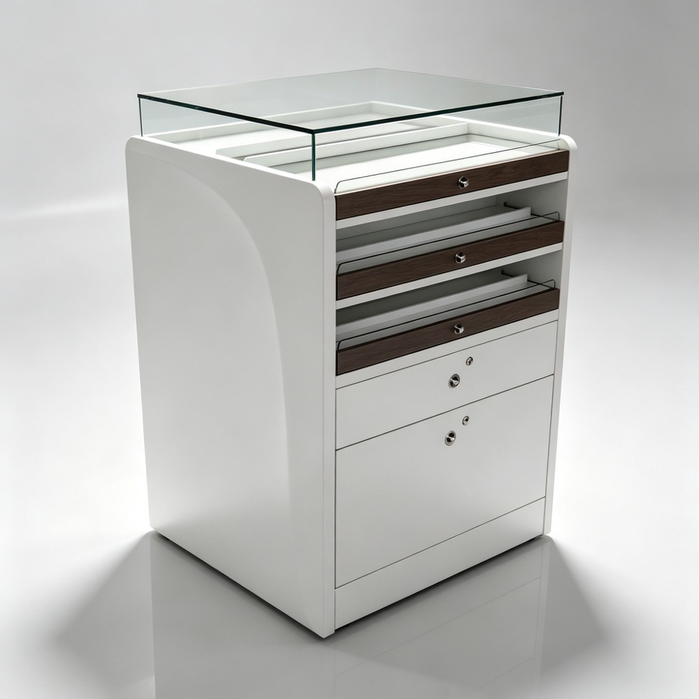White Optical Storage Cabinet with Glass Display Top and Lockable Drawers side view