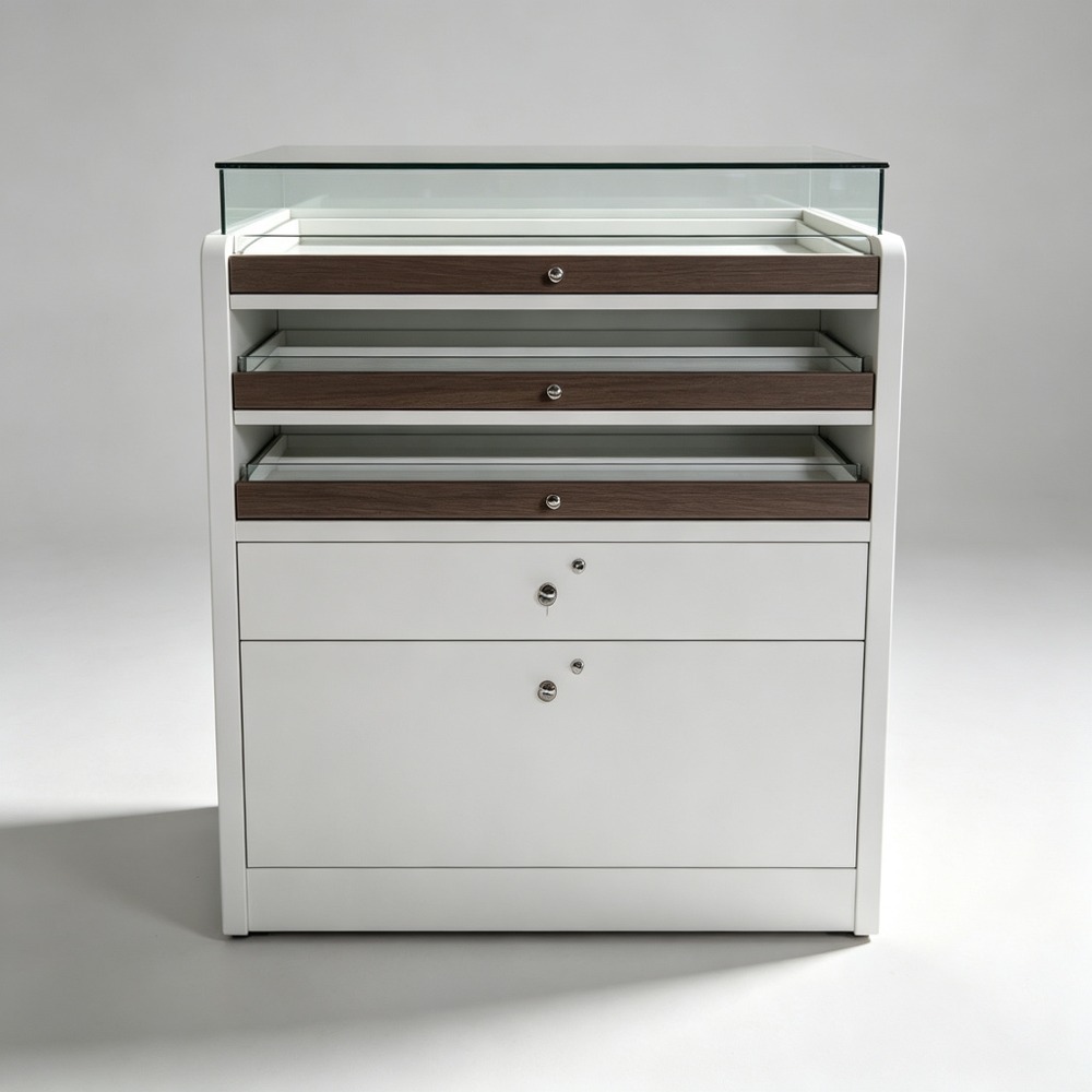 White Optical Storage Cabinet with Glass Display Top and Lockable Drawers straight front view