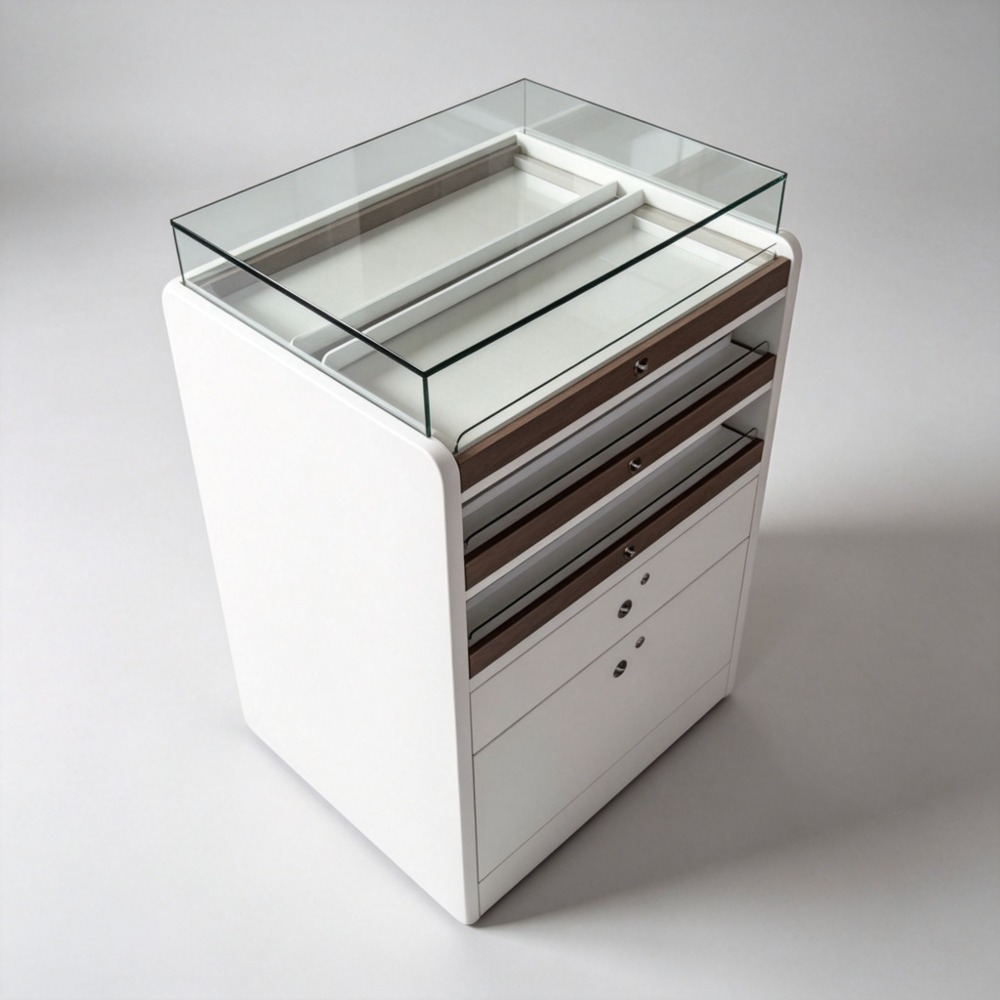 White Optical Storage Cabinet with Glass Display Top and Lockable Drawers high angle view