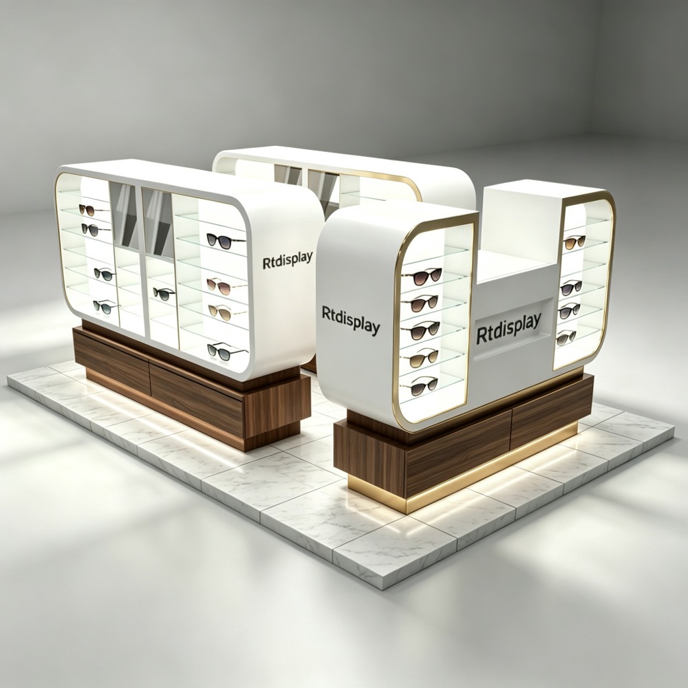 White Rounded Sunglasses Kiosk with Walnut Base and Gold Stainless Trim front three-quarter view