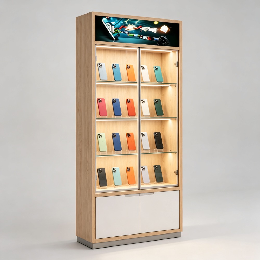 White Oak Tall Phone Display Cabinet with Glass Doors LED Light and Storage front three-quarter view