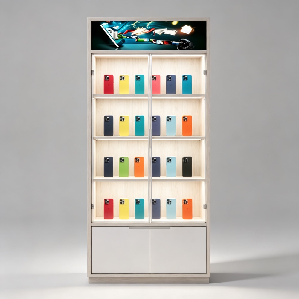 White Oak Tall Phone Display Cabinet with Glass Doors LED Light and Storage front view