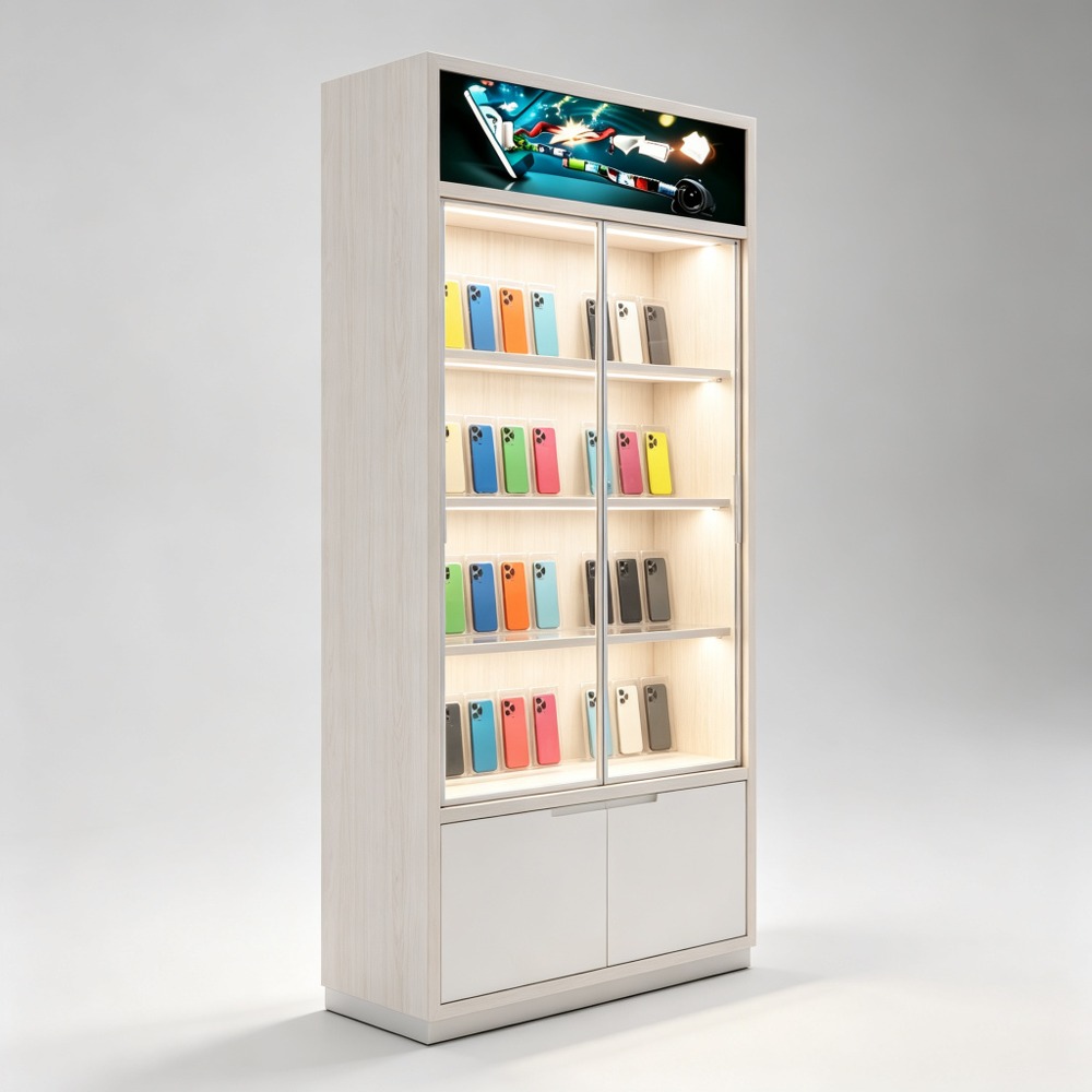 White Oak Tall Phone Display Cabinet with Glass Doors LED Light and Storage left side view