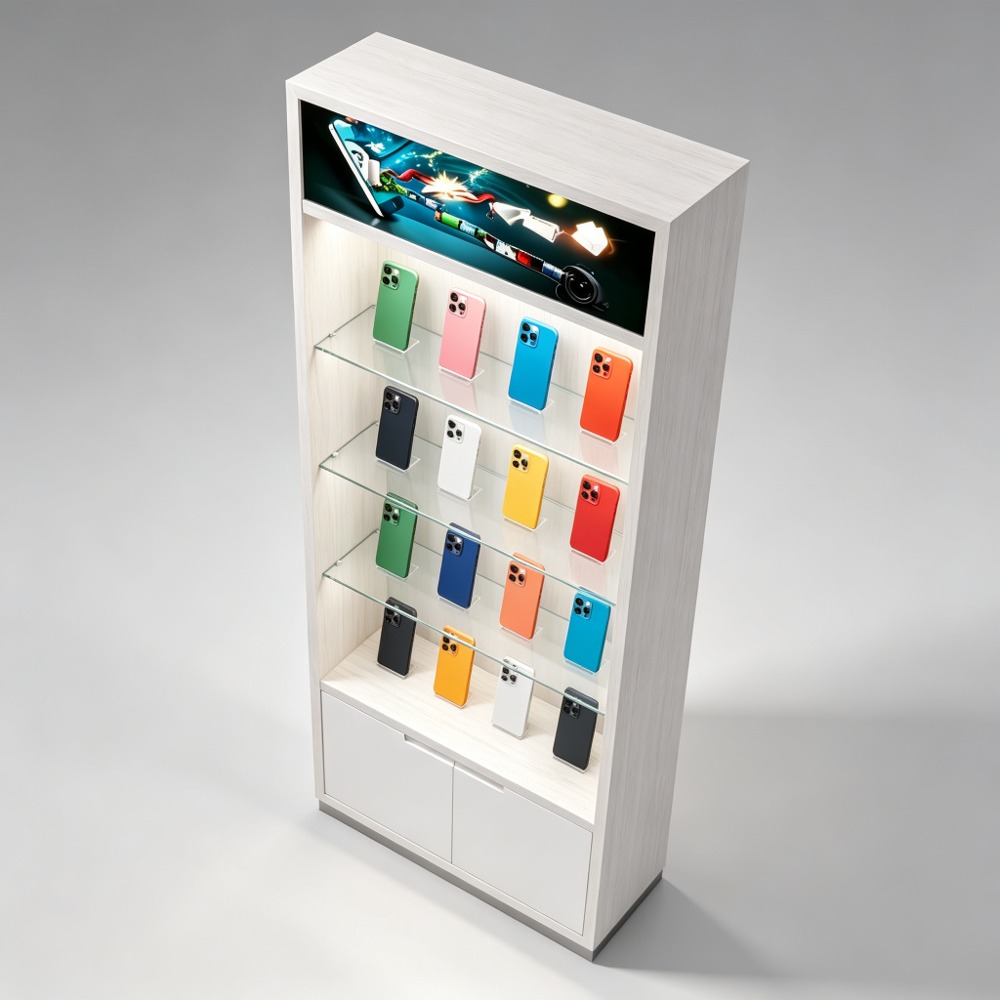 White Oak Tall Phone Display Cabinet with Glass Doors LED Light and Storage top-down view