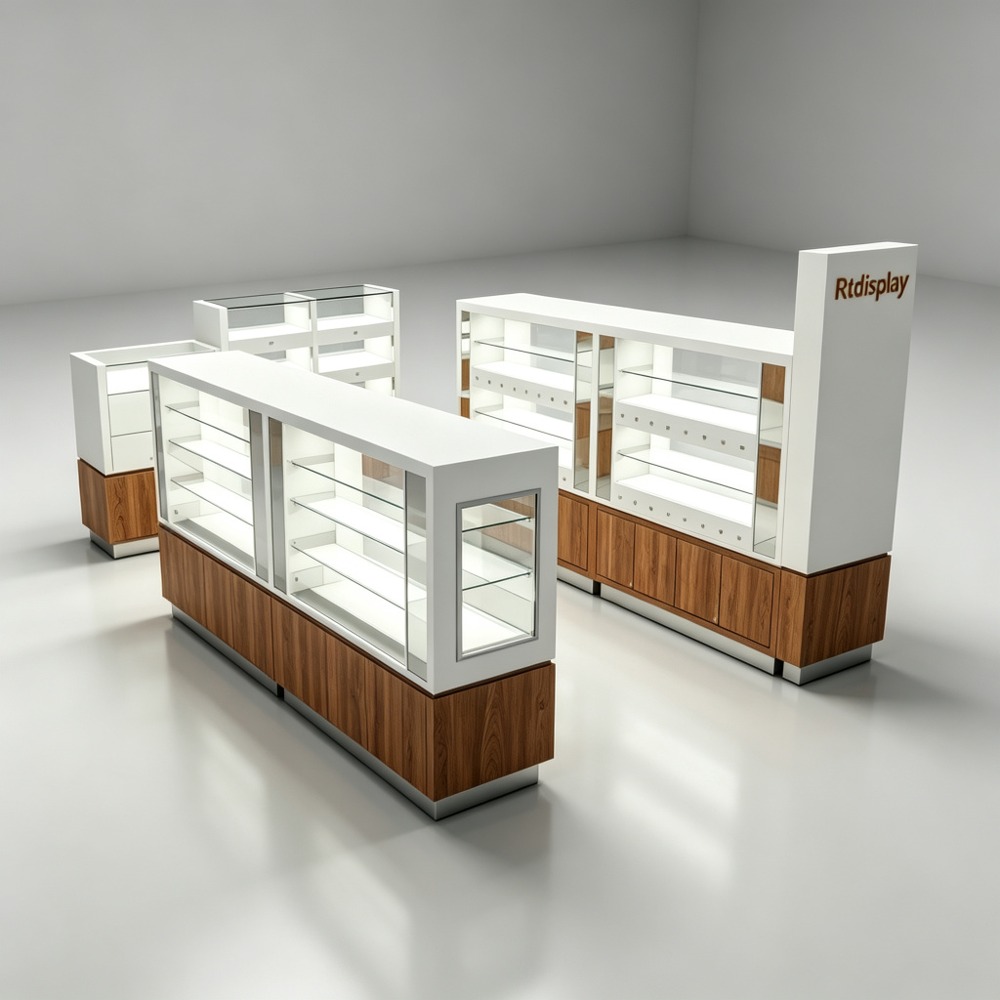 Wholesale Wooden Sunglasses Kiosk with Tempered Glass Display Showcase - 15x10ft eye-level front view