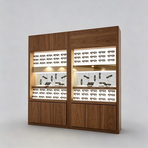 Walnut double-bay sunglasses cabinet front three-quarter