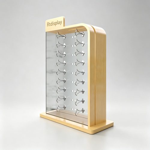 Wood and Acrylic Countertop Eyewear Tower with 16 Hooks front three-quarter view