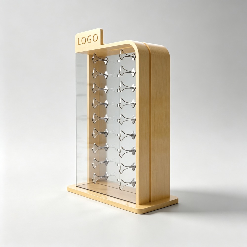 Wood and Acrylic Countertop Eyewear Tower with 16 Hooks side view