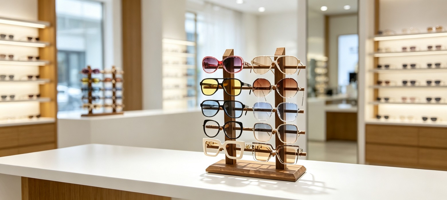 Wood free standing countertop sunglasses display rack