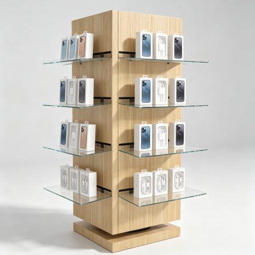 Four-sided rotating wood display stand with glass shelves