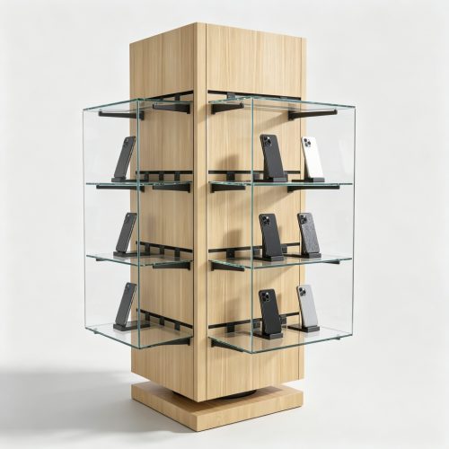 Side view rotating wood accessory display stand