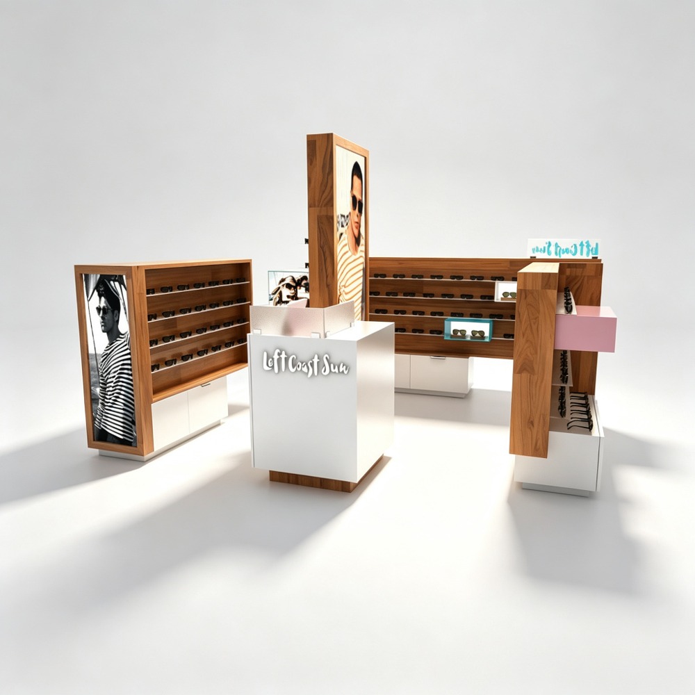 Custom Wooden Sunglasses Kiosk with Glass Display Cases for Mall - 10x10ft front three-quarter view