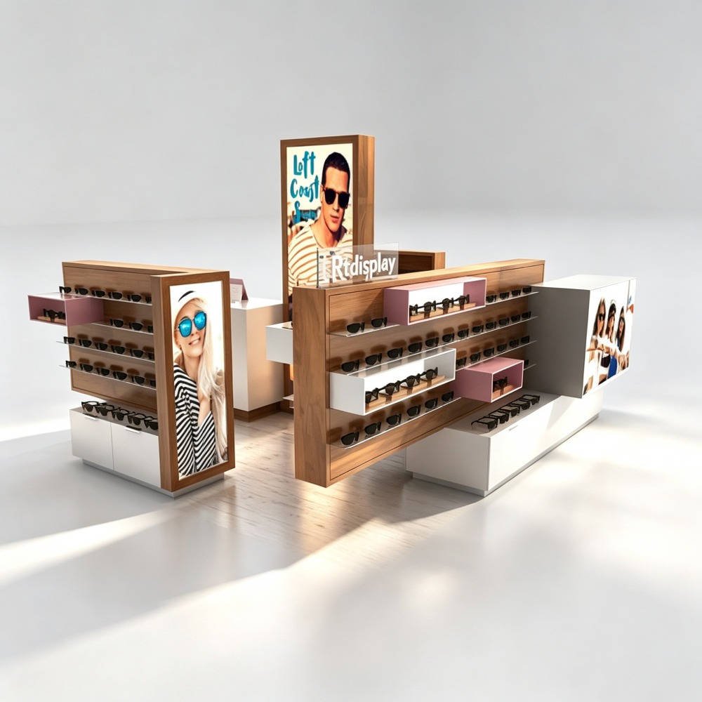 Custom Wooden Sunglasses Kiosk with Glass Display Cases for Mall - 10x10ft angled display view