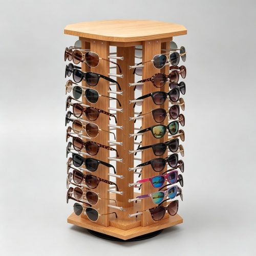 Wooden Octagonal Rotating Countertop Sunglasses Tower front three-quarter view