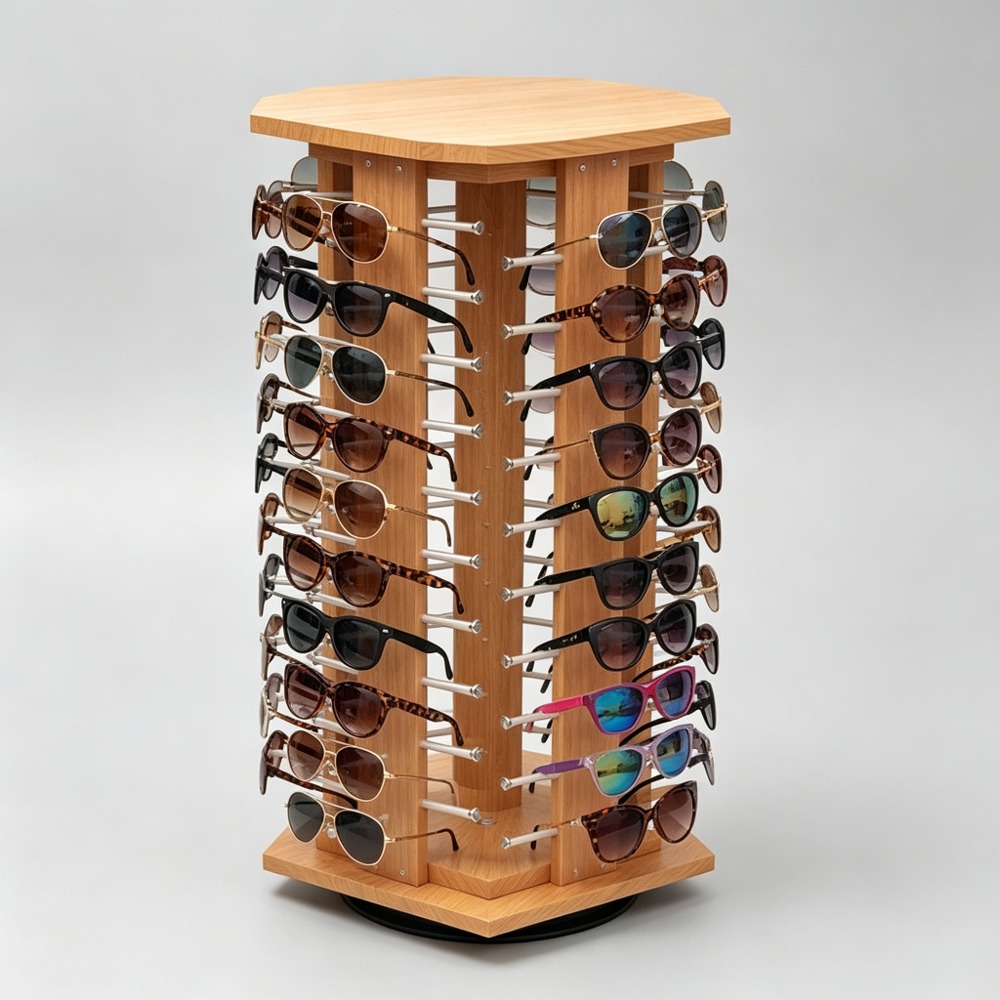 Wooden Octagonal Rotating Countertop Sunglasses Tower front three-quarter view
