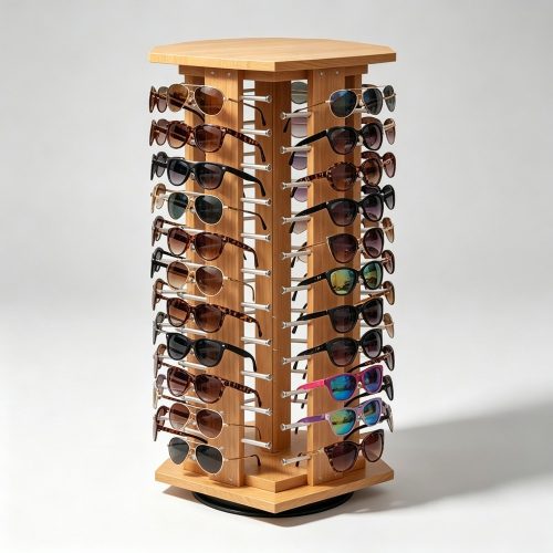 Wooden Octagonal Rotating Countertop Sunglasses Tower side view