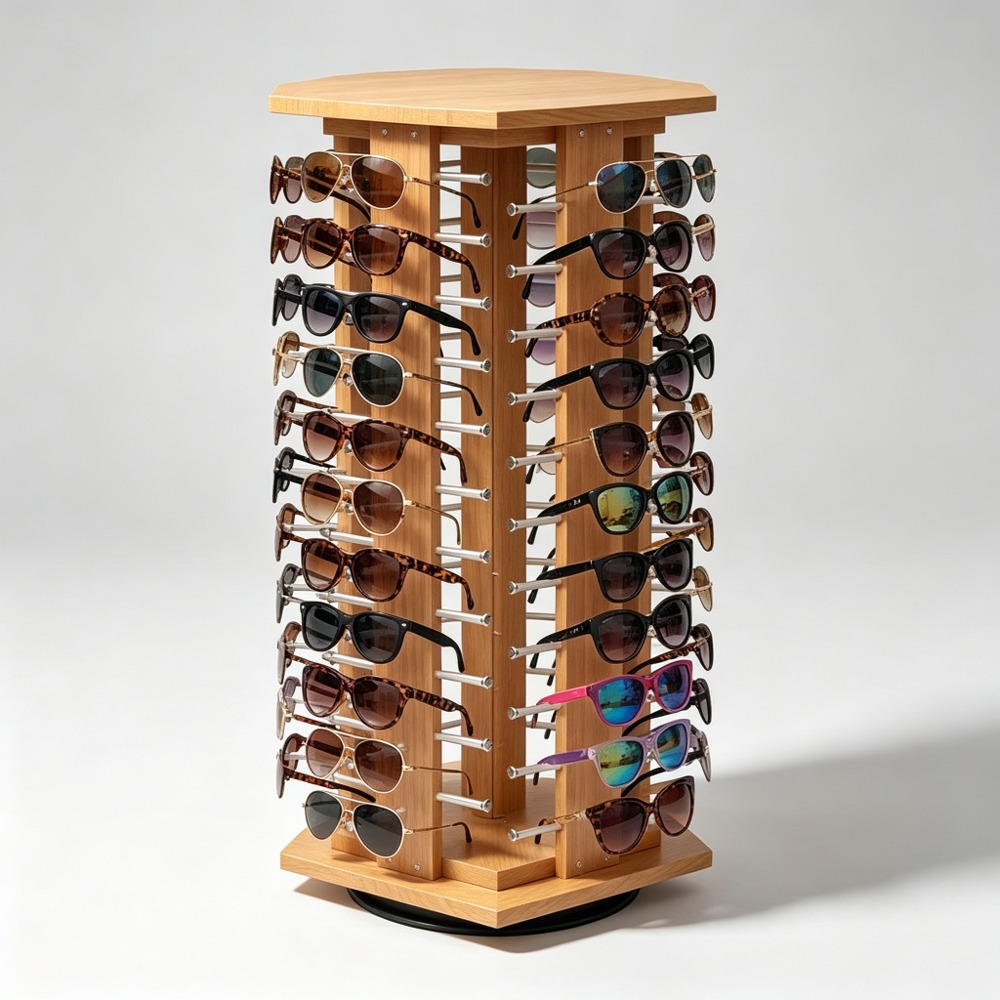 Wooden Octagonal Rotating Countertop Sunglasses Tower side view