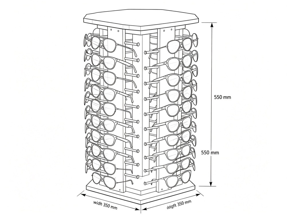 wooden-octagonal-rotating-countertop-sunglasses-tower dimension diagram
