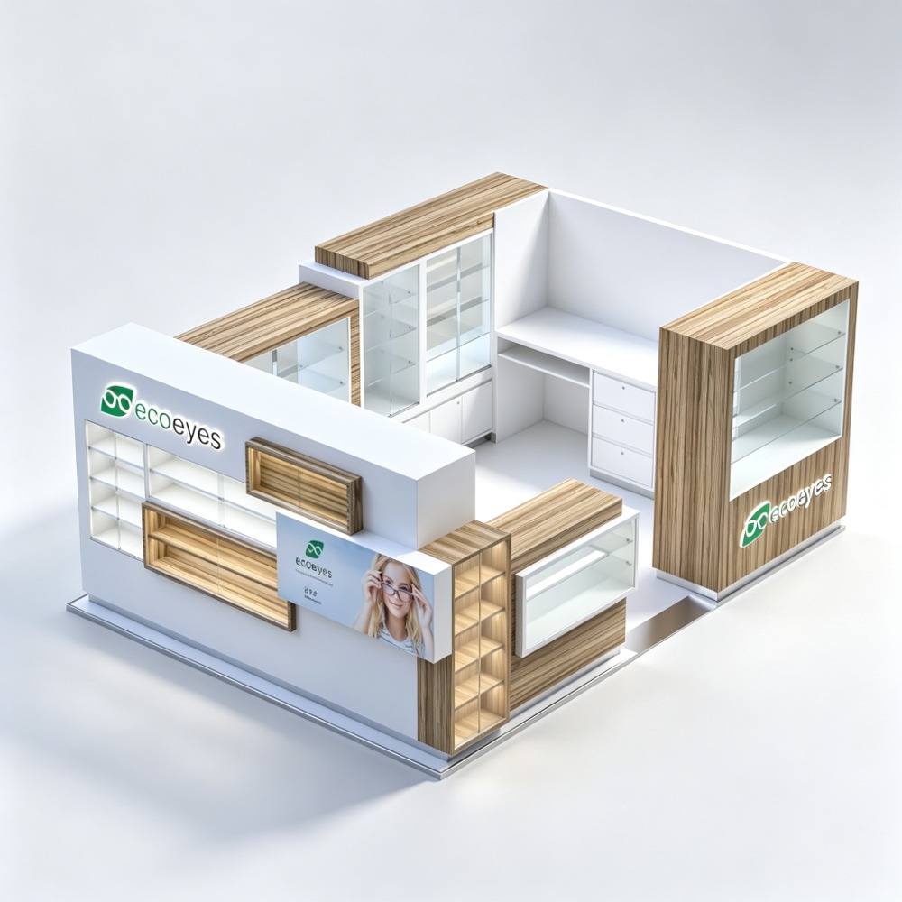 Custom Wooden Sunglasses Kiosk with Glass Display Cases - 4x3m / 13x10ft for Mall main three-quarter view