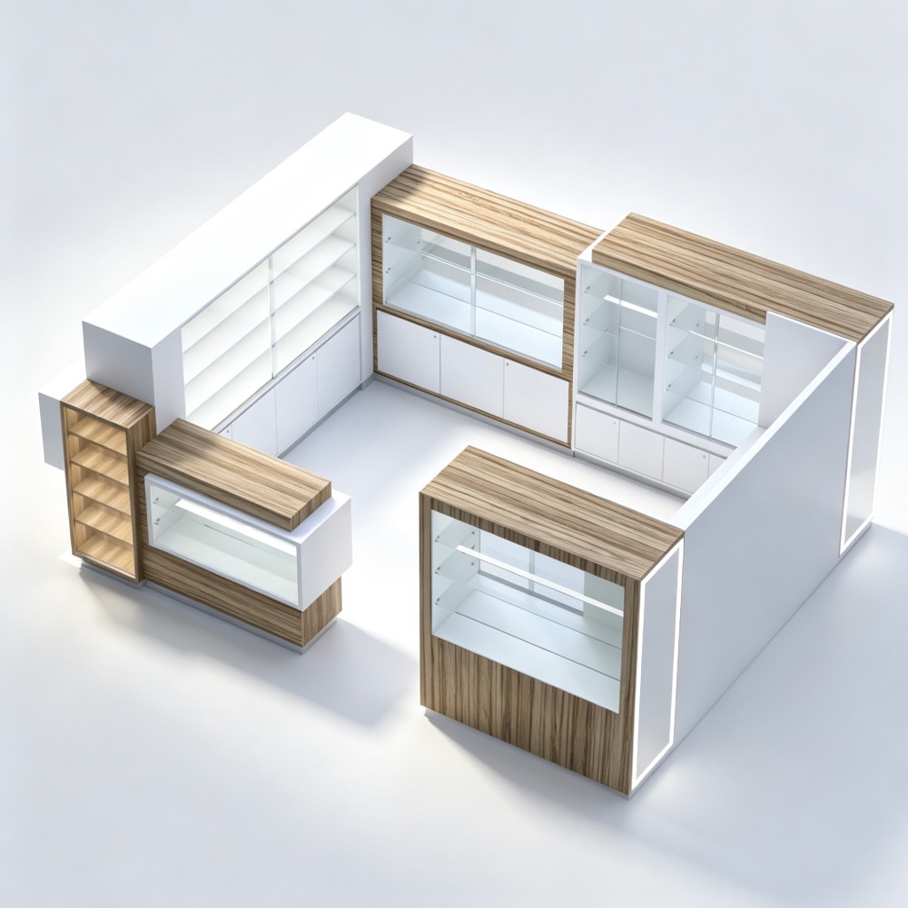 Custom Wooden Sunglasses Kiosk with Glass Display Cases - 4x3m / 13x10ft for Mall high angle overhead view