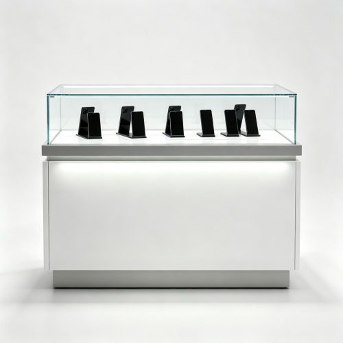 White Lacquer Phone Display Counter with Glass Hood 1200mm front view