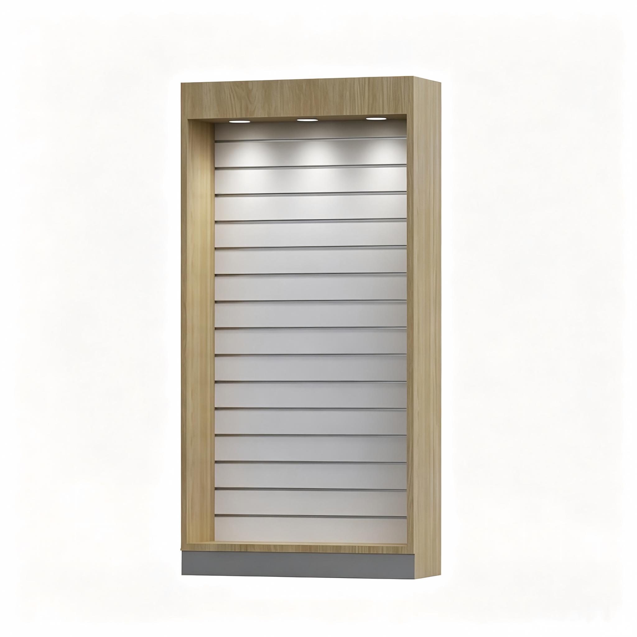 Tall Wood Grain Slatwall Cellphone Display Stand with Top LED Lights for Shop Accessories - Image 3