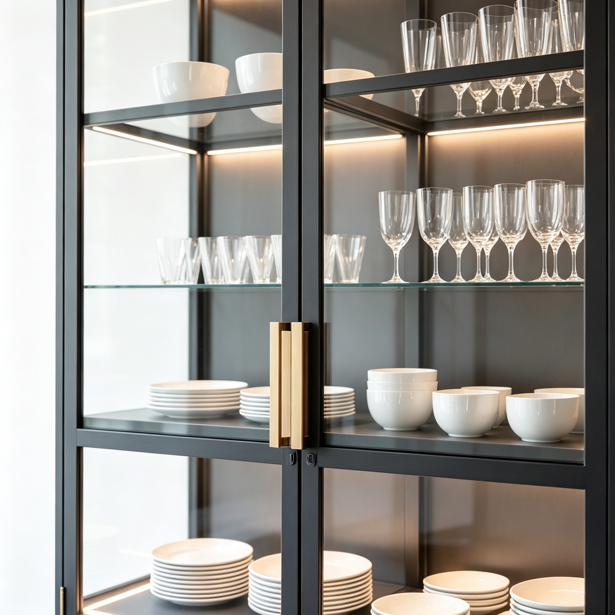 Black Metal Frame Glass Display Cabinet with LED Light for Tableware Retail & Home Collection - Image 3