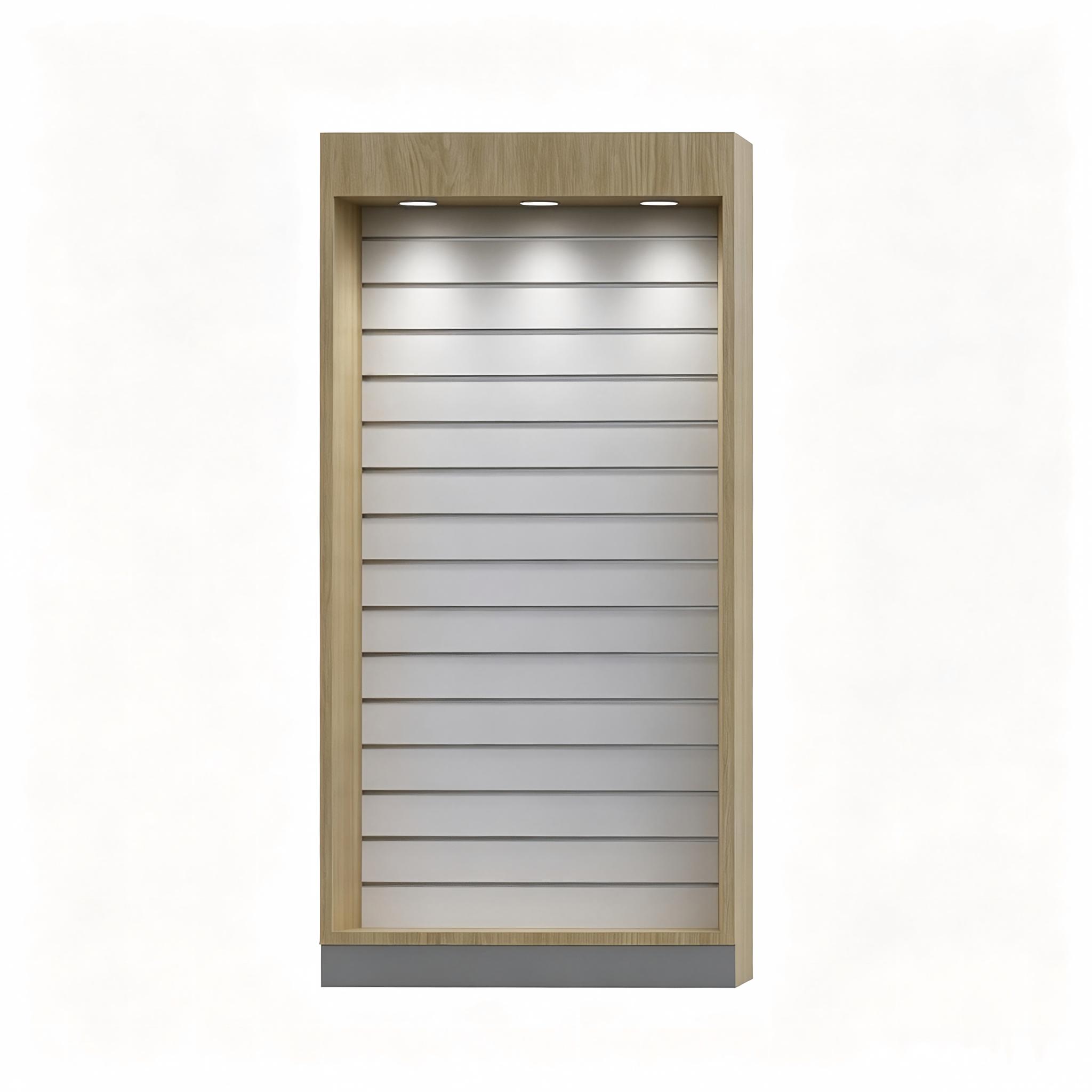 Tall Wood Grain Slatwall Cellphone Display Stand with Top LED Lights for Shop Accessories - Image 2