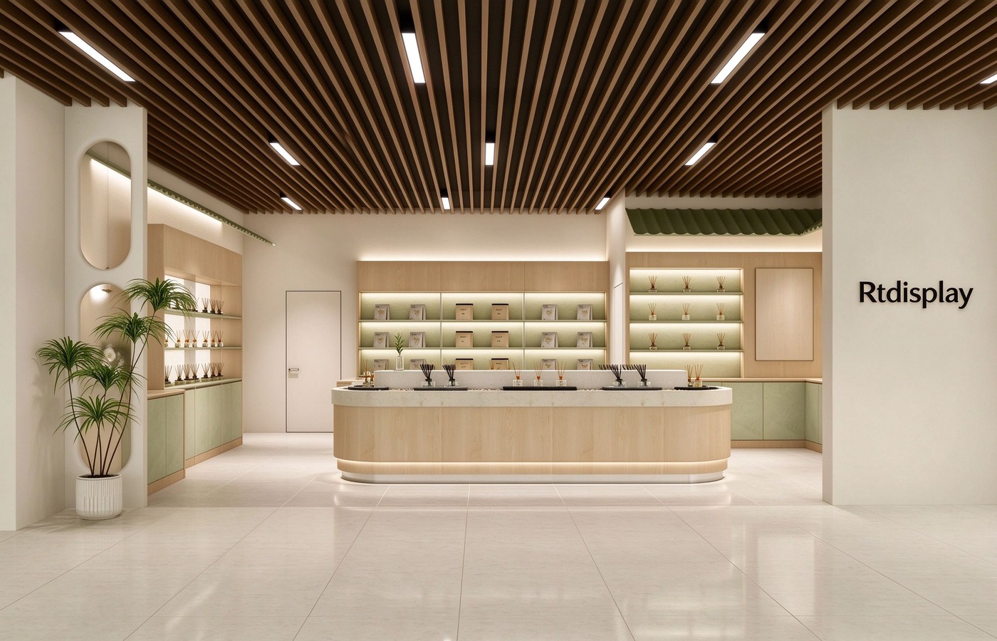 Wood reception with shelves