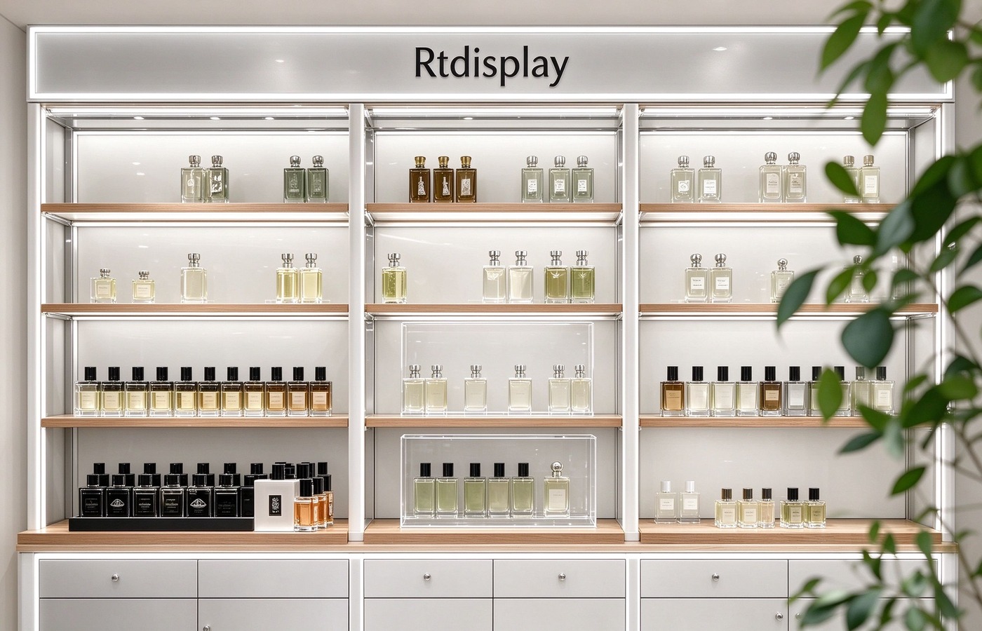 Wood shelf fragrance wall