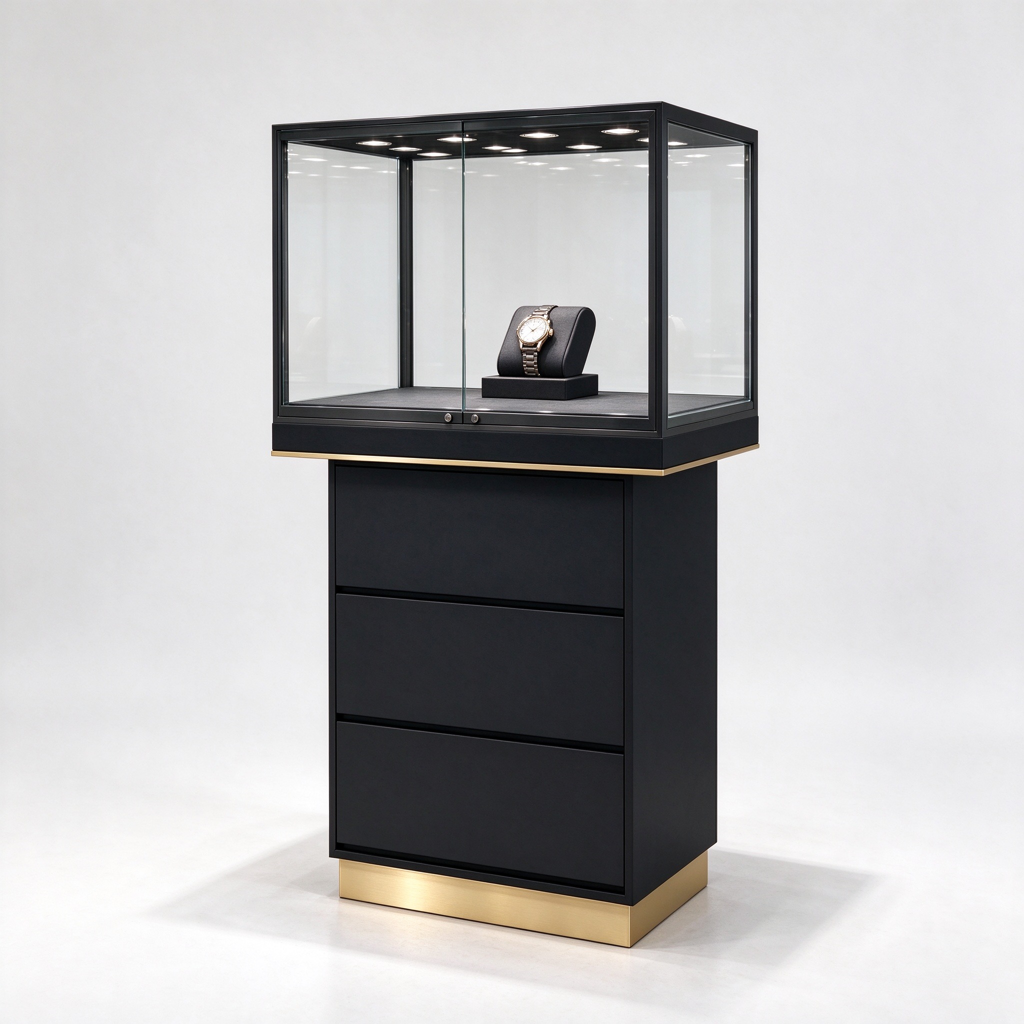 Black drawer watch tower left 45 view with gold plinth