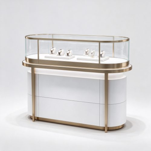 White curved glass watch island counter with champagne gold frame, left 45 degree view