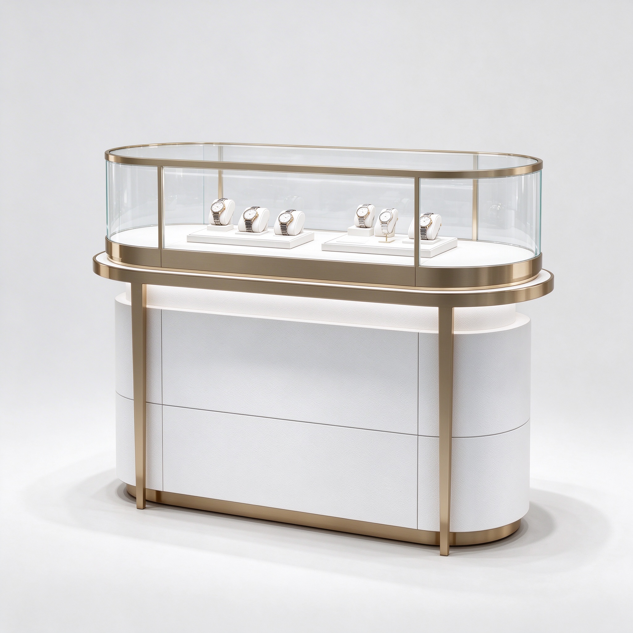 White curved glass watch island counter with champagne gold frame, left 45 degree view
