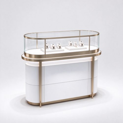White curved glass watch island counter with champagne gold frame, right 45 degree view